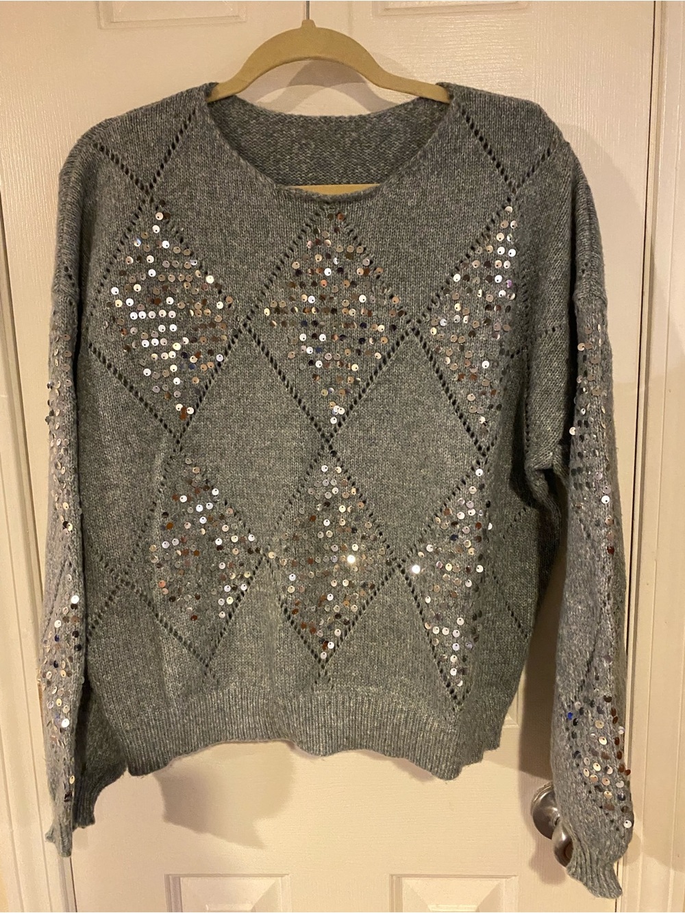 Gray Sequin Diamond Knit Sweater - Women's